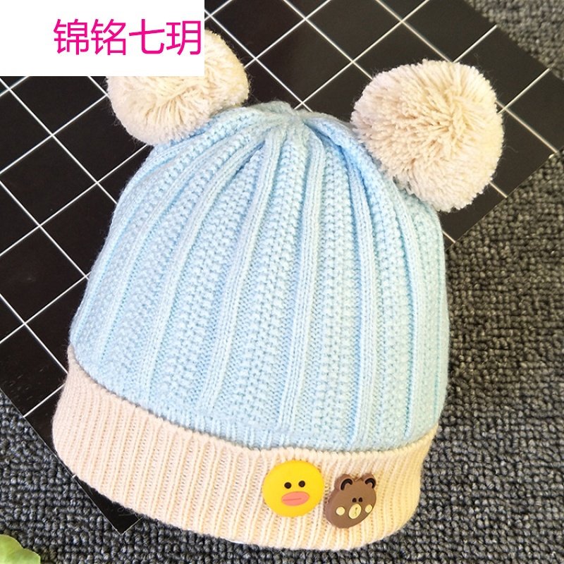 锦铭七玥新款冬季加绒宝宝毛线帽双球拼色卡通保暖婴儿帽子新生儿套头帽子
