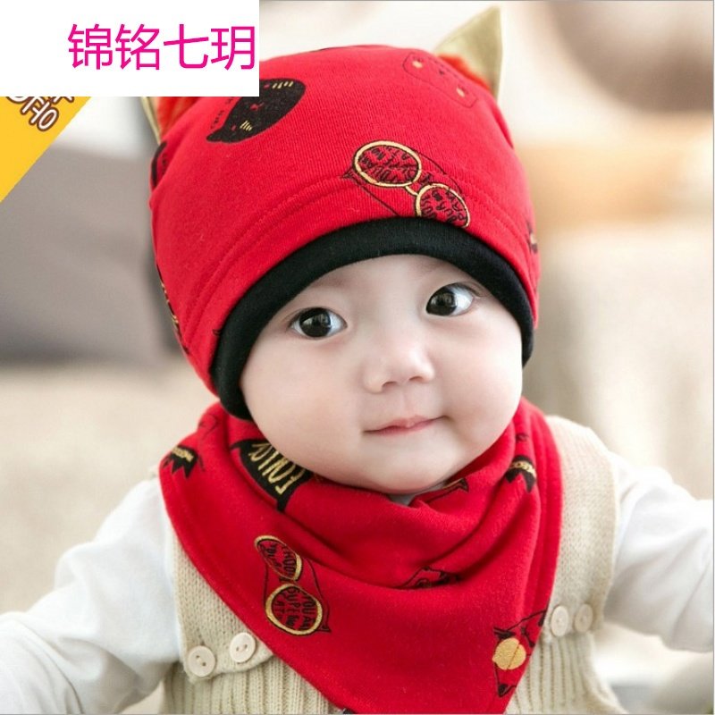 锦铭七玥2017 新款新生婴儿胎帽睡觉帽猫咪套头帽春秋婴儿帽子 棉布两件套