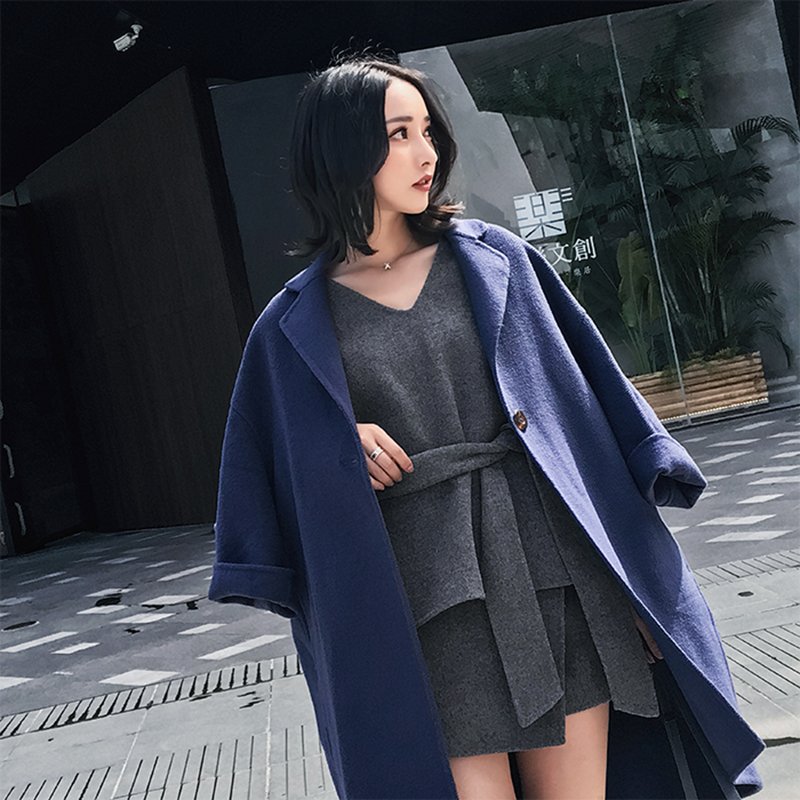 2018秋冬新款廓形翻领七分袖双面羊毛呢子大衣毛呢外套女蓝色