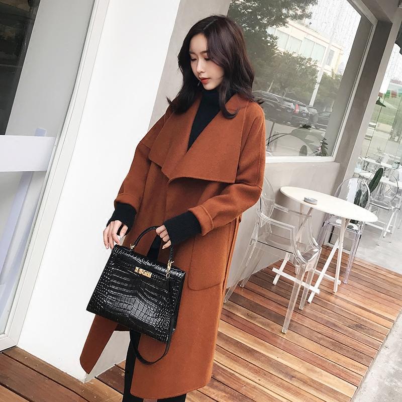 2018冬装新款气质系带大翻领双面羊驼羊毛呢子大衣中长款外套女