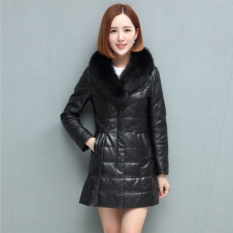 2018秋冬新款真皮皮衣女中长款海宁修身款狐狸毛领真皮羽绒服女