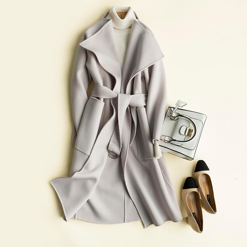 2018新款系带双面羊绒呢大衣长款纯色修身大翻领过膝毛呢外套女