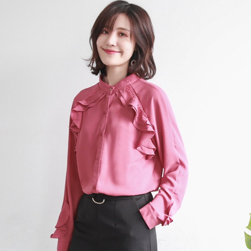2018春款衬衣女长袖韩版新款立领衬衫宽松打底蕾丝拼接荷叶边上衣