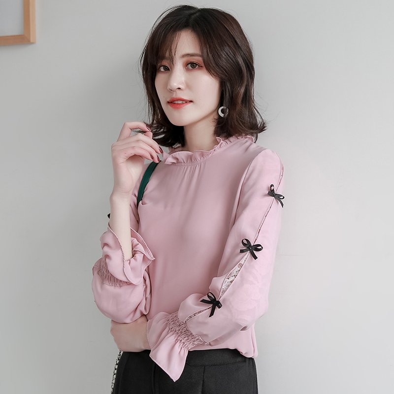 2018春季韩版蕾丝拼接雪纺衬衫女长袖立领喇叭袖衬衣蝴蝶结上衣