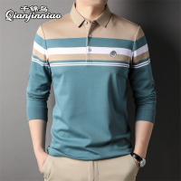 千锦鸟(Qianjinniao)春秋季新款翻领时尚休闲长袖T恤男中青年条纹长袖t恤爸爸穿POLO衫体恤衫打底衫