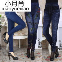 女士秋冬季加绒仿牛仔印花打底裤中老年妈妈弹力紧身小脚长裤外穿