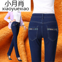 冬天女士加绒牛仔裤妈妈装弹力保暖长裤中老年大码女裤高腰直筒裤