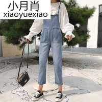 ulzzang港味牛仔背带裤女春秋新款韩版宽松学生卷边直筒裤九分裤