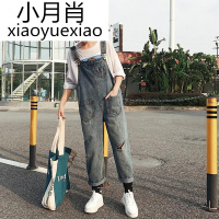 春装女装韩版个性破洞宽松九分裤牛仔裤背带裤显瘦学生直筒裤长裤