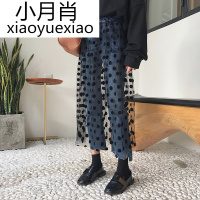春装女装韩版小清新蕾丝波点拼接裙裤高腰毛边牛仔裤九分裤直筒裤