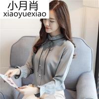 2018装新款韩版显瘦大码雪纺衫女百搭立领细带雪纺长袖打底衬衫