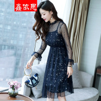 鑫依思2018春季新款女连衣裙中长款宽松裙子蕾丝长袖两件套碎花裙G010