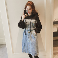 新款式2021春冬新款胖mm连衣裙大码女装连帽卫衣牛仔中长款裙胖妹妹-定制款