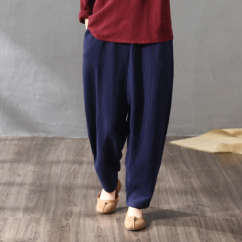 新款式宽松棉麻灯笼裤女长款哈伦纯色插袋女裤布衣复古亚麻休闲裤定制