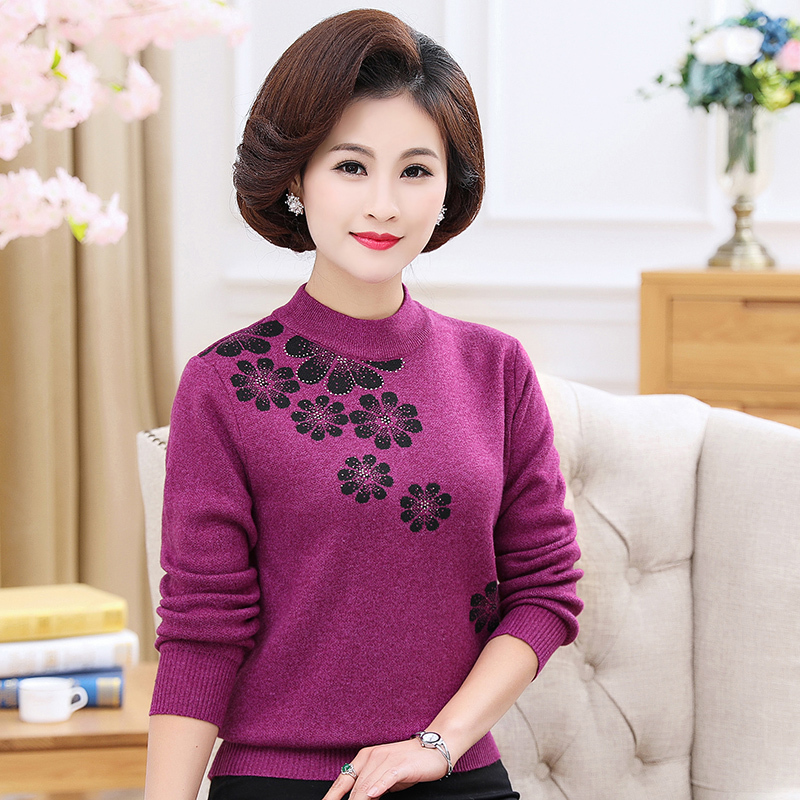 新款式妈妈毛衣女加厚羊毛衫5059岁中老年女装秋冬保暖打底衫长袖圆领
