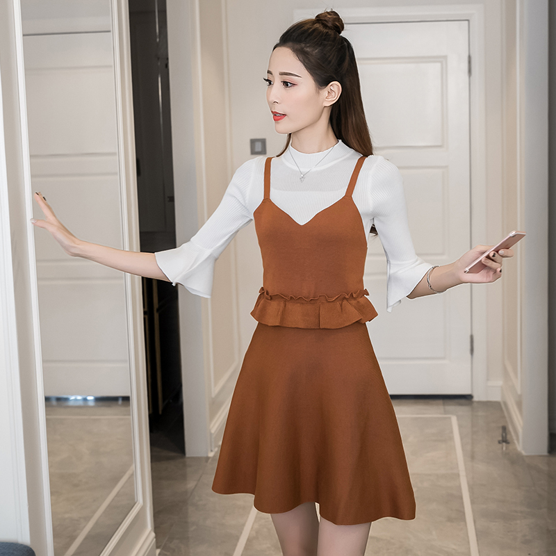 秋装新款韩版中长款吊带毛衣裙荷叶边修身背带裙女针织连衣裙定制款