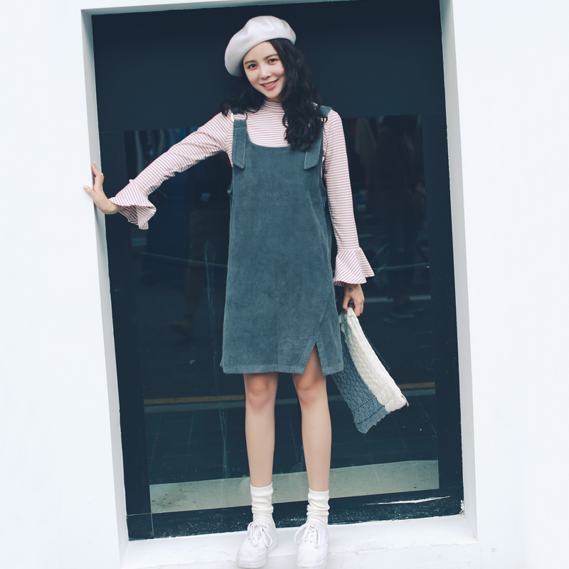 新款式灯芯绒背带裙秋冬韩国复古宽松裙子港味背心裙bf吊带粉色连衣裙