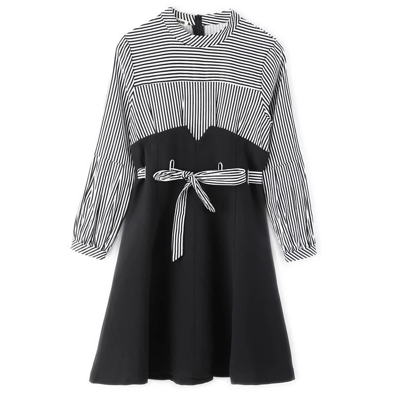 新款式2021新款女装春装条纹假两件连衣裙高腰修身显瘦雪纺小黑a字裙