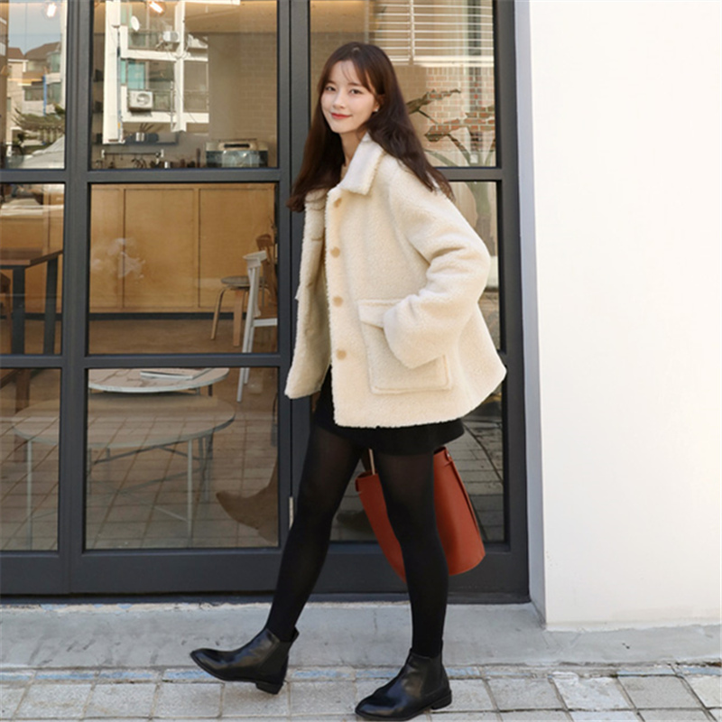 新款式新款韩版女装甜美chic翻领加厚羊羔毛外套女短款冬季保暖纯色夹克-定制款