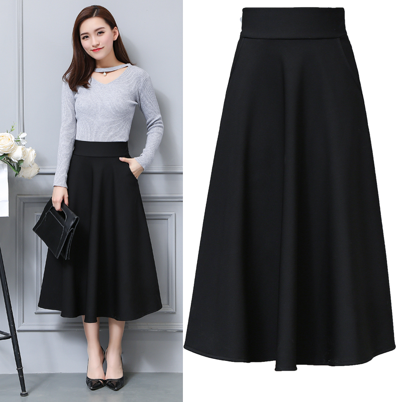 新款式半身裙秋冬季中长款女百褶a字裙大码高腰长裙修身显瘦大摆裙子