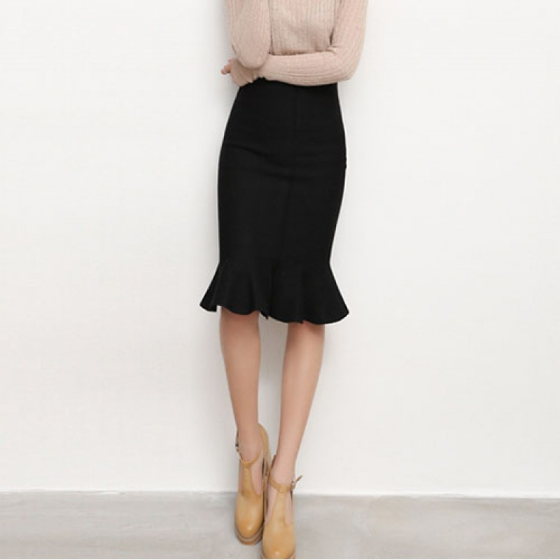 新款式秋冬复古千鸟格针织荷叶边a字鱼尾裙半身裙毛线一步裙包臀中