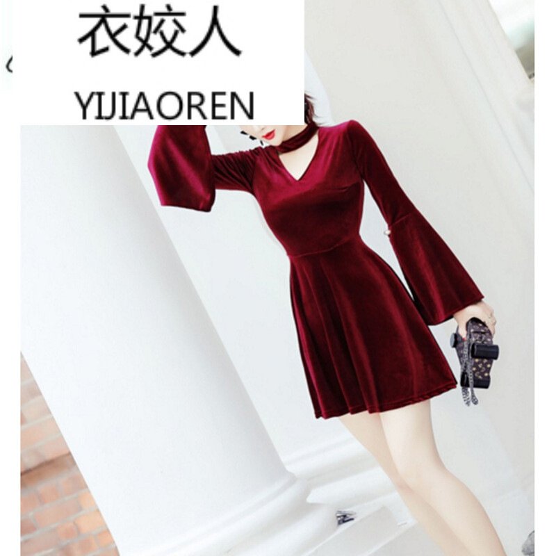 衣姣人(YIJIAOREN)女装欧美风性感夜店连衣裙女2018秋季新款时尚名媛金丝绒喇叭袖潮修身淑女短裙连衣裙