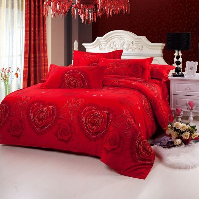 新款婚庆大红全棉四件套结婚磨毛2.0m被套床单1.8m双人床上用品_6 1.8m（6英尺）床 心心相印送抱枕