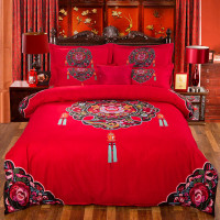 新款婚庆大红全棉四件套结婚磨毛2.0m被套床单1.8m双人床上用品_6 1.8m（6英尺）床 梦回送抱枕