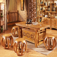 实木茶桌椅组合南榆木小户型1.2米整装简约仿古茶艺功夫泡茶台单桌+围椅1+鼓凳子4组装壹德壹