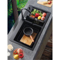 卫浴黑色大双槽石英石水槽厨房水槽洗碗洗菜盆台上台下盆套餐