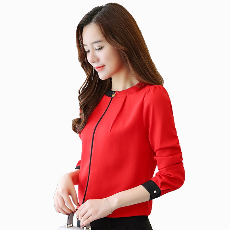 霏羽儿2018韩版女装修身显瘦拼接立领打底衬衣百搭雪纺衫女长袖衬衫