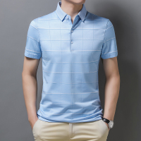 莱诗伯特桑蚕丝男士短袖t恤夏季青年短袖上衣 冰丝格子半袖polo衫378
