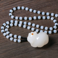 天然白玉福猪手把件男玉石生肖猪吊坠女挂件项链毛衣链玉坠炫石为玉附证书