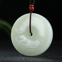 [山水人家]新疆和田玉吊坠玉坠白玉平安扣山水圆牌挂件天然玉石