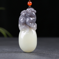 [纳福]新疆和田玉貔貅手把件烟紫白玉仿古把玩件天然玉石