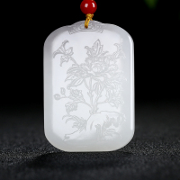 [花开富贵]新疆和田玉牡丹花玉牌吊坠挂件烟灰青花白玉天然玉石