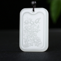 [鸟语花香]新疆羊脂白玉和田玉吊坠牡丹花喜鹊玉牌挂件天然玉石