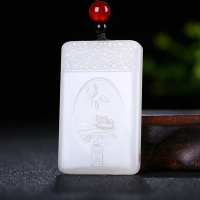 [白头偕老]新疆和田玉羊脂白玉天鹅山水玉牌吊坠挂件天然玉石