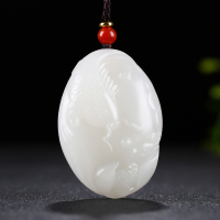 [连年有余]新疆和田玉白玉莲花鲤鱼吊坠玉坠挂件玉佩天然玉石
