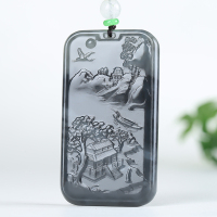 [山河秀色]新疆和田玉吊坠玉坠烟灰山水双面雕工牌挂件天然玉石