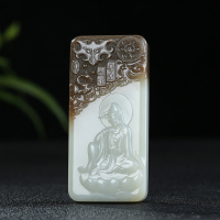 [福洒人间]新疆和田玉观音吊坠男玉坠糖白玉山水牌挂件天然玉石