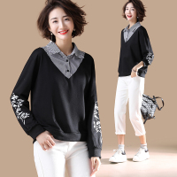 小样传奇  2021新款秋装女胖mm大码女装遮肚减龄上衣宽松长袖条纹假两件卫衣