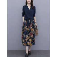 小样传奇 针织两件套装连衣裙2021年秋装新款女装收腰显瘦气质印花早秋裙子