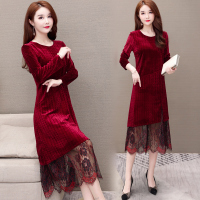 小样传奇 2021年早秋新款胖mm宽松显瘦阔太太蕾丝拼接金丝绒连衣裙