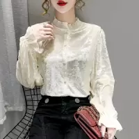 小样传奇小样传奇 法式设计感小众2021春季新款复古百褶花边立领丝绒长袖衬衫上衣女
