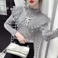 小样传奇小样传奇 半高领打底衫女2021春装新款洋气荷叶边网纱拼接上衣内搭长袖t恤