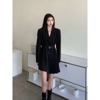 小样传奇送腰带 连衣裙2021新款春黑色西装连体小黑裙设计感小众长裙