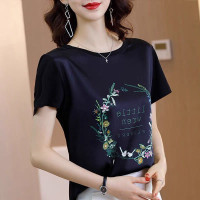 小样传奇仿真丝T恤女短袖2021夏季新款女装高档气质拼接小衫圆领黑色高端上衣