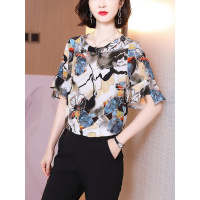 小样传奇 仿真丝衬衫女2021早夏新款短袖T恤高档气质时尚小衫印花洋气大码上衣