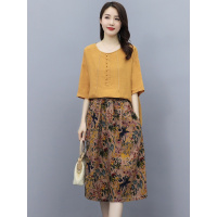 小样传奇棉麻连衣裙套装2021新款洋气胖mm夏装中年妈妈装阔太太裙子两件套